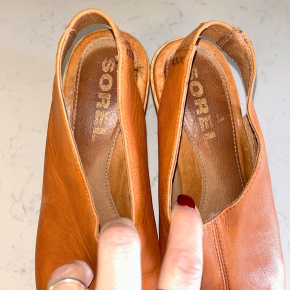Sorel Nadia Camel Brown Leather Slingbacks Wedge Heeled Sandals - Picture 12 of 16